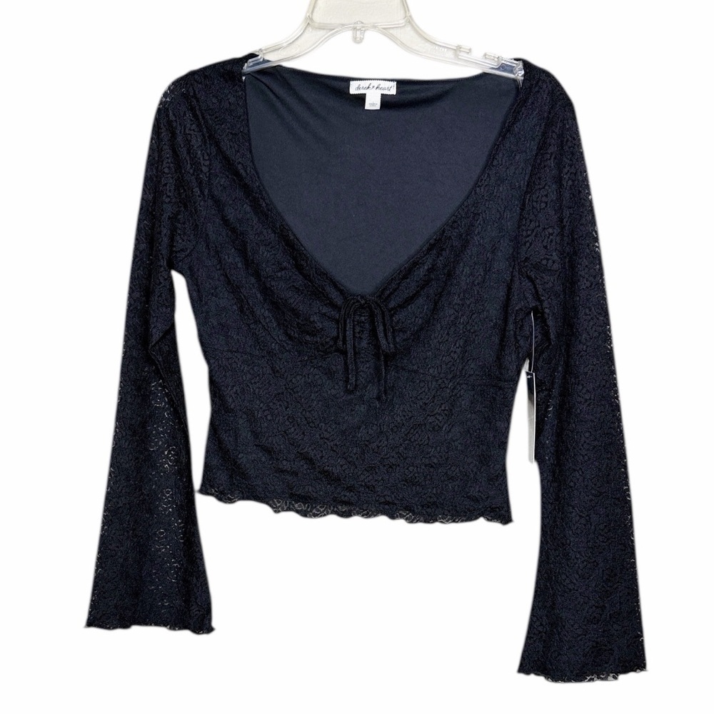 Derek Heart Black Lace Tie-Front Cropped Blouse